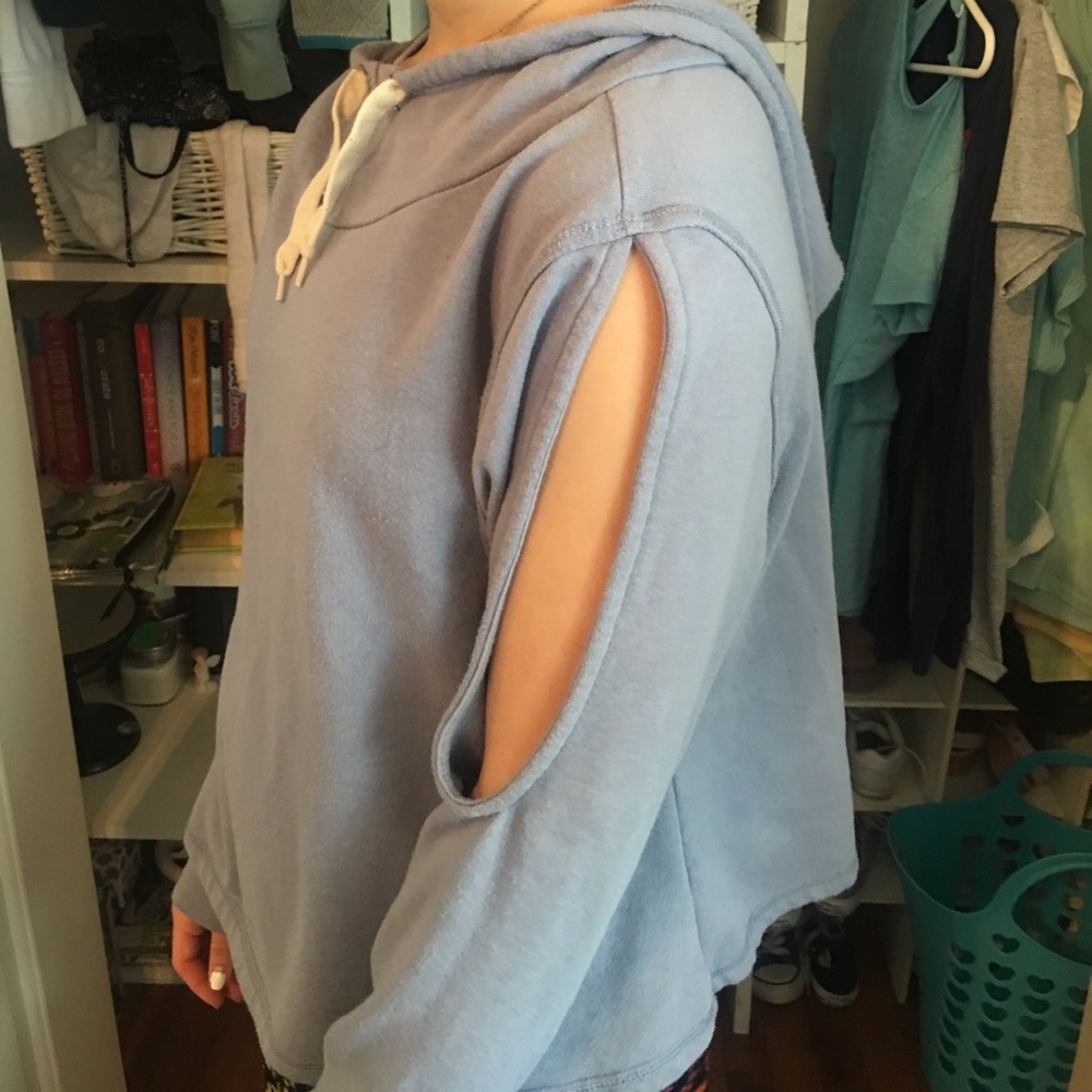 Periwinkle hoodie with skits on the arms